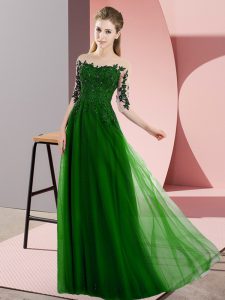  Green Empire Beading and Lace Damas Dress Lace Up Chiffon Half Sleeves Floor Length
