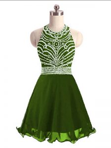 Modest Mini Length Olive Green Prom Dresses Chiffon Sleeveless Beading