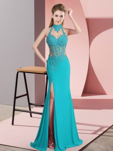 Fine Aqua Blue Chiffon Backless Halter Top Sleeveless Floor Length Evening Dress Beading