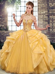  Sleeveless Organza Floor Length Lace Up Quince Ball Gowns in Gold with Beading and Ruffles