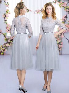 Customized Grey Tulle Zipper Quinceanera Court Dresses Half Sleeves Tea Length Lace and Belt