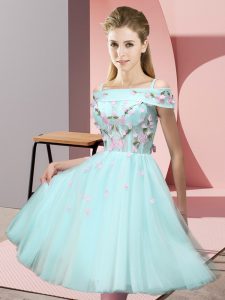 Excellent Short Sleeves Knee Length Appliques Lace Up Vestidos de Damas with Apple Green
