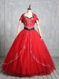 High End Red Lace Up Sweetheart Embroidery Sweet 16 Dresses Tulle Sleeveless