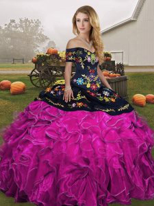 Adorable Ball Gowns Quinceanera Dress Fuchsia Off The Shoulder Organza Sleeveless Floor Length Lace Up
