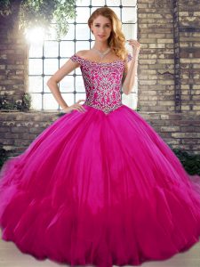 High End Fuchsia Sleeveless Floor Length Beading and Ruffles Lace Up Quinceanera Gown