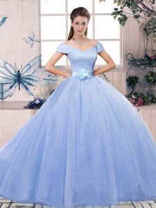 Pretty Lace and Hand Made Flower Quinceanera Gowns Lavender Lace Up Short Sleeves Floor Length