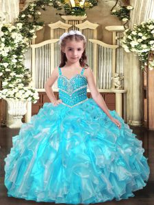 Perfect Floor Length Aqua Blue Pageant Gowns For Girls Organza Sleeveless Beading and Ruffles