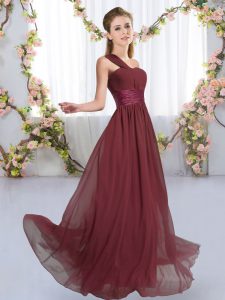Edgy Burgundy Lace Up One Shoulder Ruching Quinceanera Court of Honor Dress Chiffon Sleeveless