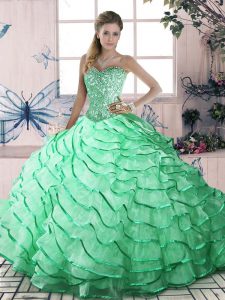  Sleeveless Brush Train Ruffled Layers Lace Up Quince Ball Gowns
