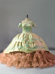 Best Selling Off The Shoulder Sleeveless Chapel Train Lace Up Sweet 16 Quinceanera Dress Multi-color Organza