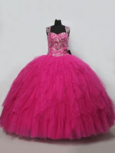 Fashionable Lace Up Sweet 16 Dress Hot Pink for Sweet 16 and Quinceanera with Beading and Ruffles