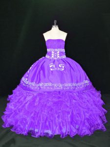  Lavender Lace Up Strapless Embroidery and Ruffles Sweet 16 Dress Organza Sleeveless