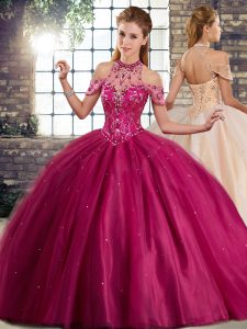Elegant Fuchsia Ball Gowns Tulle Halter Top Sleeveless Beading Lace Up Sweet 16 Dresses Brush Train
