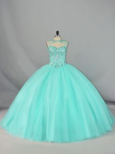 Unique Apple Green Ball Gowns Scoop Sleeveless Tulle Brush Train Lace Up Beading Sweet 16 Dress