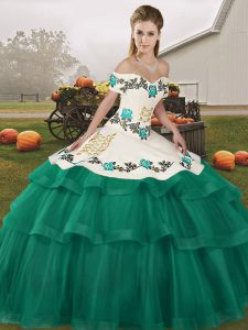 Free and Easy Sleeveless Embroidery and Ruffled Layers Lace Up Ball Gown Prom Dress with Turquoise Brush Train