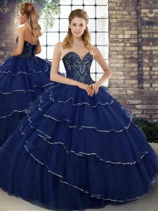  Sleeveless Tulle Brush Train Lace Up Quinceanera Dresses in Navy Blue with Beading and Ruffled Layers