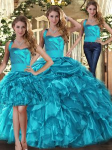  Teal Three Pieces Organza Halter Top Sleeveless Ruffles and Pick Ups Floor Length Lace Up Sweet 16 Quinceanera Dress