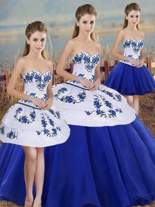  Embroidery and Bowknot Quinceanera Gowns Royal Blue Lace Up Sleeveless Floor Length