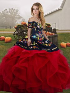  Tulle Off The Shoulder Sleeveless Lace Up Embroidery and Ruffles Sweet 16 Dress in Red And Black 