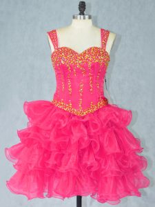  Halter Top Sleeveless Lace Up Prom Dress Hot Pink Organza