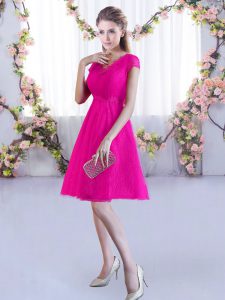  Hot Pink Quinceanera Court Dresses Wedding Party with Lace V-neck Cap Sleeves Lace Up
