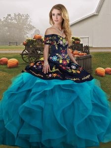 Charming Tulle Off The Shoulder Sleeveless Lace Up Embroidery and Ruffles Sweet 16 Dress in Teal 