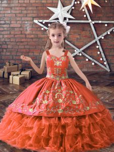 Amazing Straps Sleeveless Lace Up Little Girl Pageant Dress Orange Red Satin and Organza