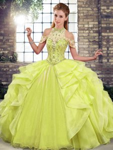 High Quality Yellow Green Organza Lace Up Vestidos de Quinceanera Sleeveless Floor Length Beading and Ruffles