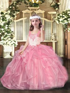 Elegant Pink Lace Up Straps Beading and Ruffles Little Girls Pageant Gowns Organza Sleeveless