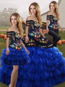 Unique Floor Length Blue And Black Quinceanera Gown Organza Sleeveless Embroidery and Ruffled Layers