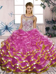 Trendy Organza Scoop Sleeveless Lace Up Beading and Ruffles Quinceanera Gowns in Fuchsia