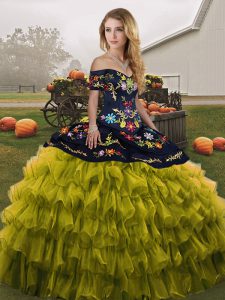 Artistic Olive Green Off The Shoulder Neckline Embroidery and Ruffled Layers Vestidos de Quinceanera Sleeveless Lace Up