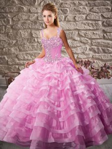 Comfortable Floor Length Pink Quince Ball Gowns Organza Court Train Sleeveless Beading and Ruffled Layers