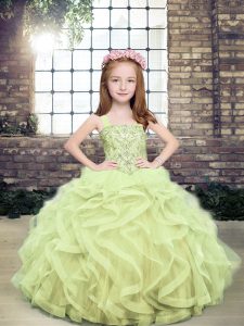  Yellow Green Kids Formal Wear Party and Military Ball and Wedding Party with Beading and Ruffles Straps Sleeveless Lace Up