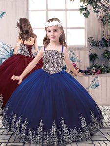 Top Selling Blue Lace Up Straps Beading and Embroidery Kids Pageant Dress Tulle Sleeveless