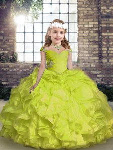 Latest Floor Length Yellow Green Little Girls Pageant Gowns Organza Sleeveless Beading and Ruffles and Ruching