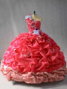 Eye-catching Coral Red Lace Up Quinceanera Gown Pick Ups and Hand Made Flower Sleeveless Floor Length