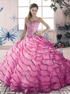 Traditional Pink Sleeveless Organza and Tulle Lace Up Quinceanera Dress for Sweet 16