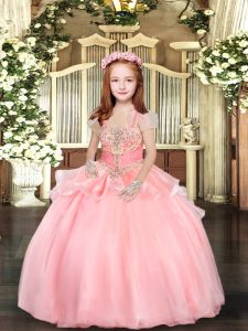 Trendy Floor Length Pink Little Girls Pageant Dress Wholesale Organza Sleeveless Beading and Ruffles