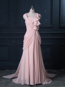 Modern Pink Chiffon Zipper Prom Party Dress Sleeveless Brush Train Ruching