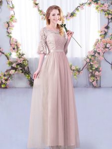 Unique Scoop Half Sleeves Quinceanera Court Dresses Floor Length Lace and Belt Pink Tulle