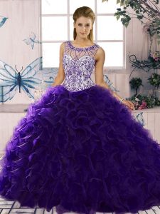  Purple Quinceanera Dress Military Ball and Sweet 16 and Quinceanera with Beading and Ruffles Scoop Sleeveless Lace Up