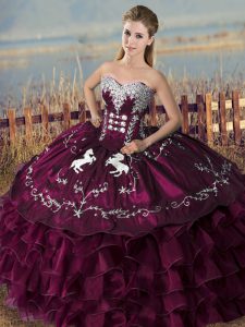 Low Price Satin and Organza Sweetheart Sleeveless Lace Up Embroidery and Ruffles Ball Gown Prom Dress in Purple