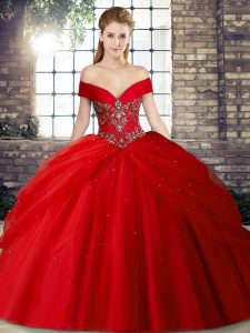  Sleeveless Beading and Pick Ups Lace Up Vestidos de Quinceanera with Red Brush Train