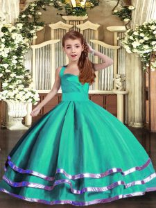 Simple Turquoise Organza Lace Up Straps Sleeveless Floor Length Little Girls Pageant Dress Ruffled Layers