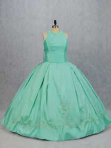 Sophisticated Floor Length Apple Green Quinceanera Gown Satin Sleeveless Embroidery