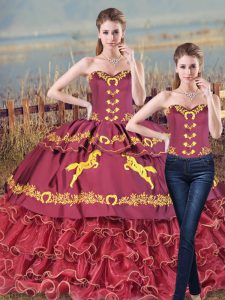  Burgundy Sleeveless Embroidery and Ruffles Lace Up 15 Quinceanera Dress