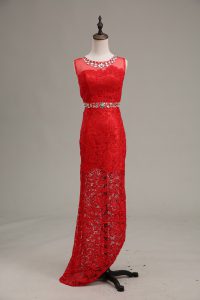  Lace Sleeveless Floor Length Prom Dress and Beading