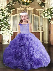 Excellent Fabric With Rolling Flowers Scoop Sleeveless Lace Up Beading Kids Pageant Dress in Lavender