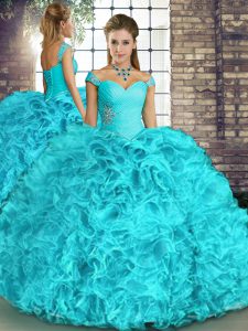 Smart Aqua Blue Off The Shoulder Lace Up Beading and Ruffles 15 Quinceanera Dress Sleeveless